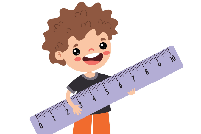 Cartoon illustration of a child smiling and holding a giant ruler.
