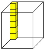 A tower of 6 yellow cubes inside a cuboid shaped box.