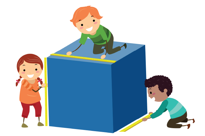 Three children building a cube and measuring it with a ruler.
