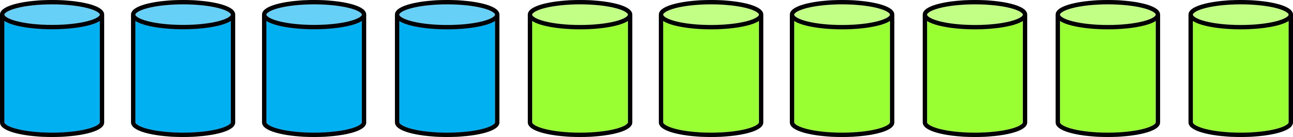 4 blue cups filled with blueberry juice, and six green cups filled with apple juice.