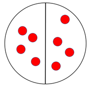 Eight red counters are distributed evenly inside a circle: four counters on one half of the circle and the other half on the other side of the circle.