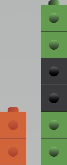 Two vertical stacks of cubes on grey background. First stack has two orange cubes and the second stack has two black cubes and four green cubes.