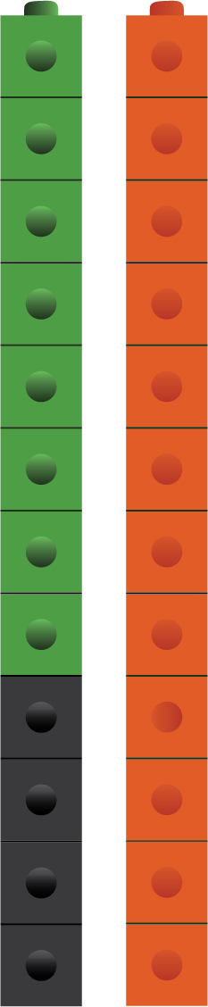 Four stacked black blocks, with eight green blocks on top. Twelve stacked orange blocks sit next to it. 