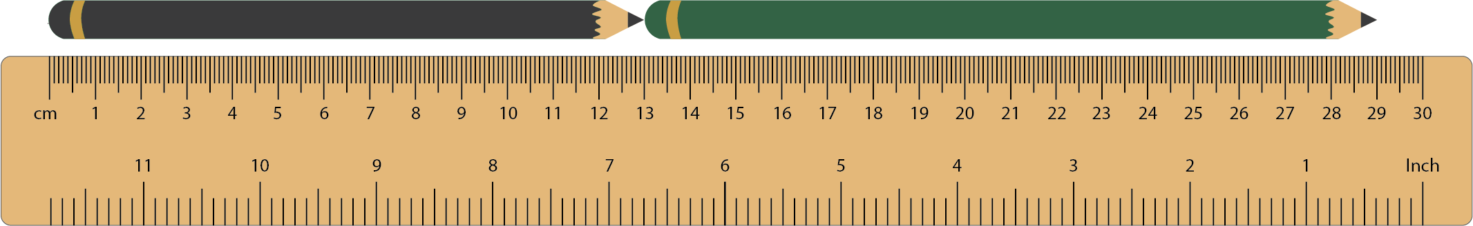 A beige ruler with black and green pencil resting on it.