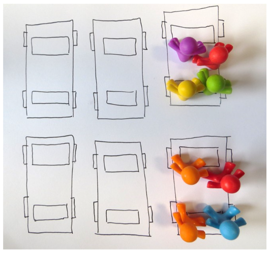 Six drawings of cars with two groups of four plastic figurines arranged on two of the car drawings. 