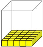 A layer of 25 yellow cubes inside a cuboid shaped box.