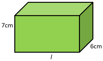 A cuboid with a height of 7 cm, a depth of 6 cm, and an unknown length labelled l.