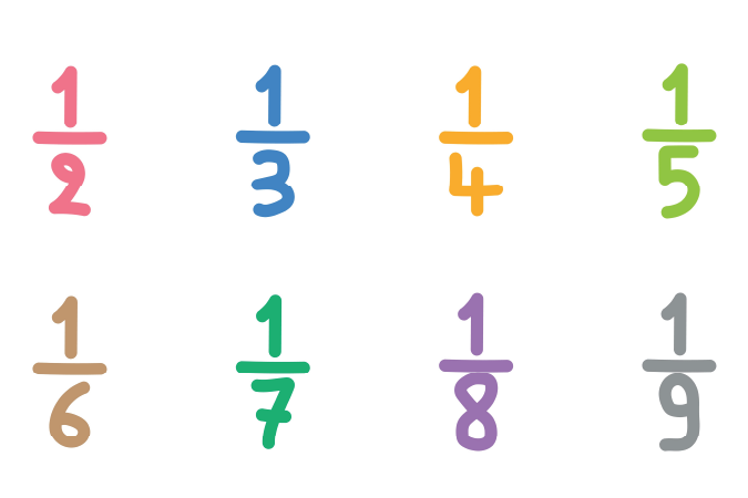 Eight fractions in different colours: 1/2, 1/3, 1/4, 1/5, 1/6, 1/7, 1/8, and 1/9.