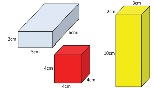 Three cubeoid diagrams, the first measuring 5 x 6 x 2, the second measuring 4 x 4 x 4 and the third measuring 2 x 3 x 10. 