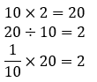 Three equations: 10 x 2 = 20, 20 / 10 = 2, 1/10 x 20 = 2.