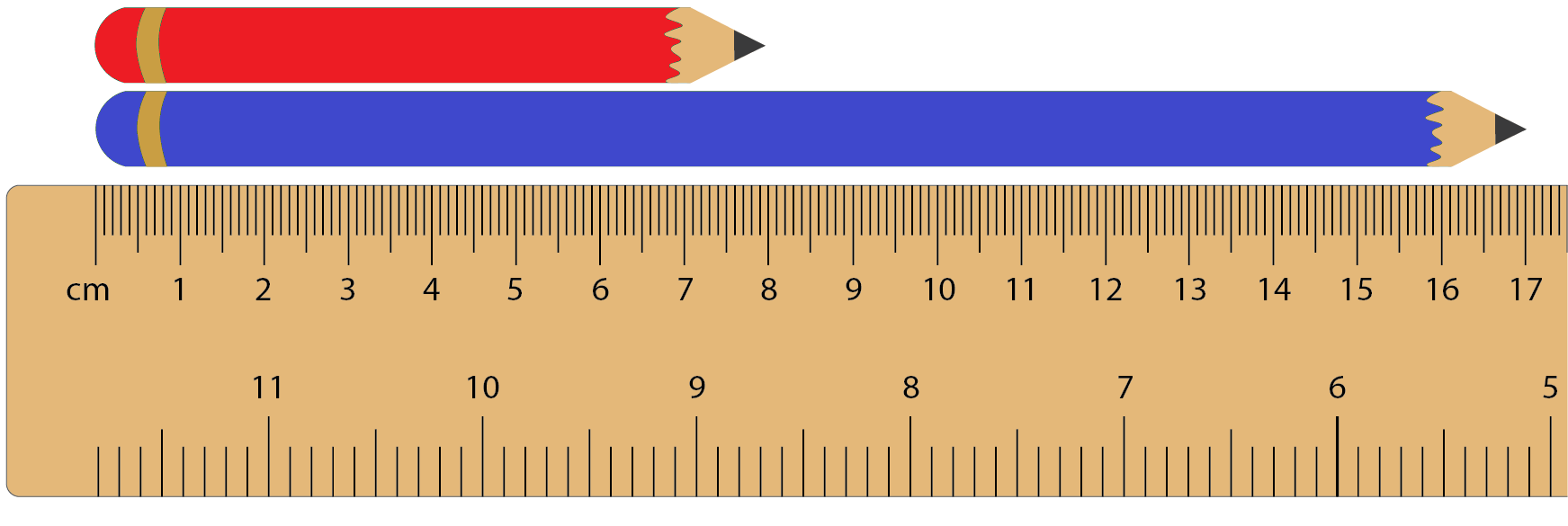 A beige ruler with red and blue pencil resting on it.