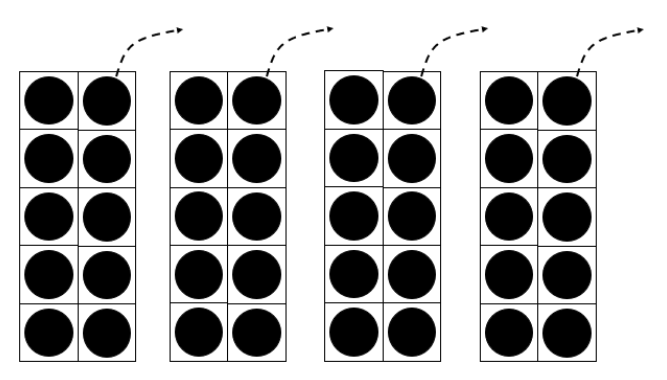 Four ten-dot tens frames. Arrows indicate that one dot will be removed from each frame to create four 9-dot frames.
