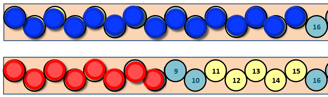 2 rows with 16 coloured counters each.