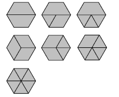 Seven hexagons differently filled with shapes.