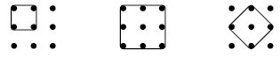 Three examples of shapes made with a 3 x 3 geoboad. A 2 x 2 square, a 3 x 3 square, and a 1 x 3 diamond. 