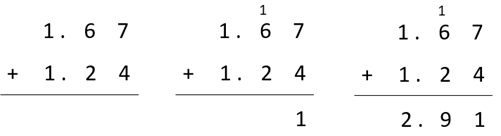 Long addition equation of 1.67 + 1.24 = 2.91.