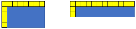 Two different sized blue cards with yellow unit cubes along the top and left edges. One with 12 yellow cubes and 14 on the other.