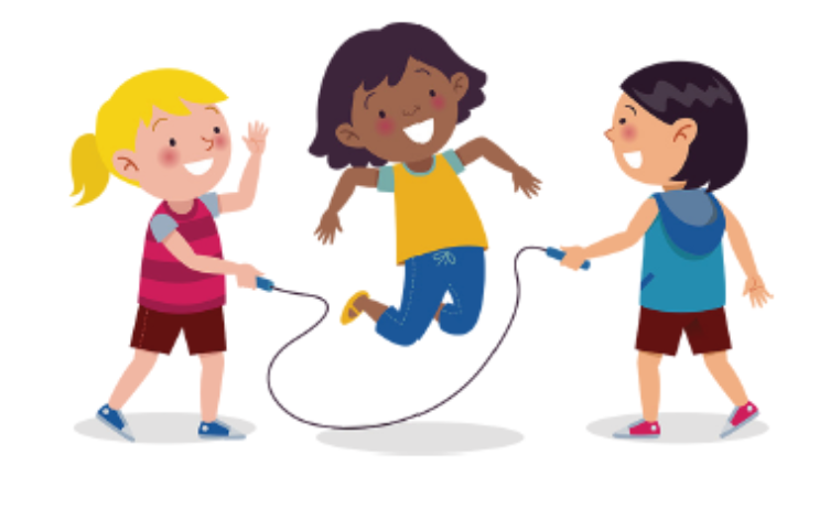 Three friends smiling while playing jumping rope.