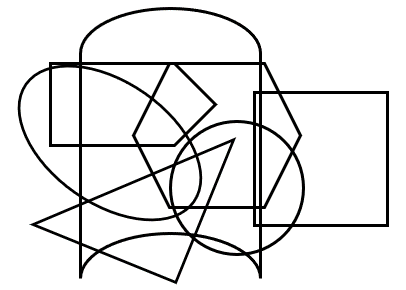 A collection of 2D shapes piled on top of one another.
