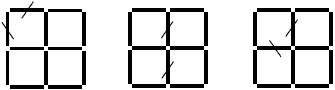 Three groups of matchsticks arranged into four connecting squares. 