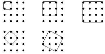 A 4 x 4 geoboard with the following shapes. A 2 x 2 square, 3 x 3 square, 4 x 4 square, 1 x 3 diamond, and another larger diamond.