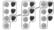 An illustration of three sets of recipe A containing 4 lemons and 3 raspberries can fit into recipe B of 3 lemons and 2 raspberries four times with a raspberry left over.