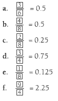 Fractions and their decimal equivalent. 2/6 = 0.5, 4/8 = 0.5, 2/8 = 0.25, 3/4 = 0.75, 1/8 = 0.125, 9/4 = 2.25.