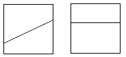 2 squares with cuts going from 1 side to the opposite side to form two trapezia or two rectangles.