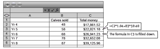 Screenshot of a spreadsheet review number of calves sold and at what price point. 