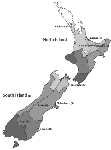 A map of New Zealand. 