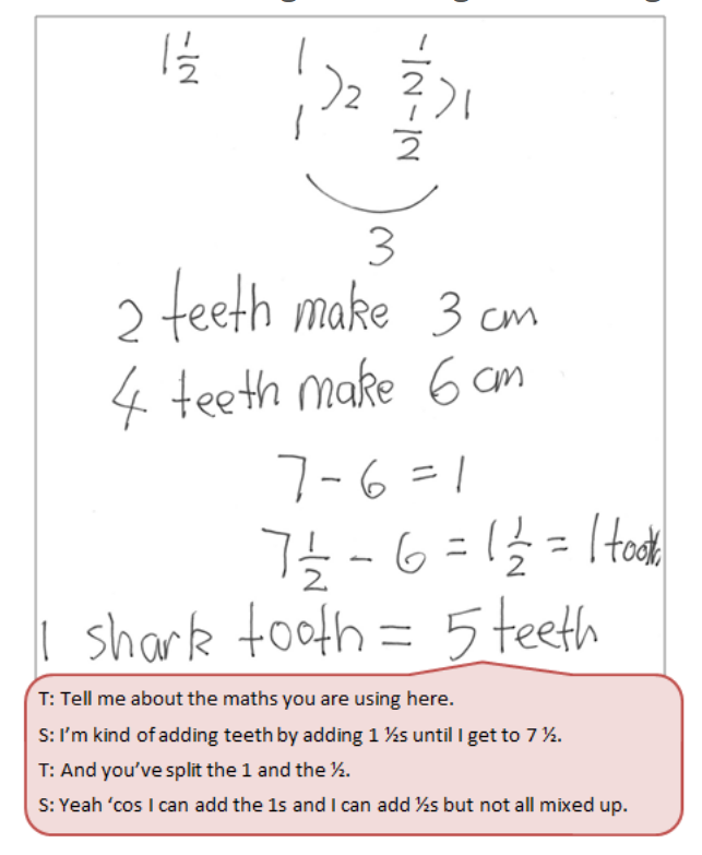 Students written work to solve comparison problem between a shark tooth and how many human teeth are needed to match the length.