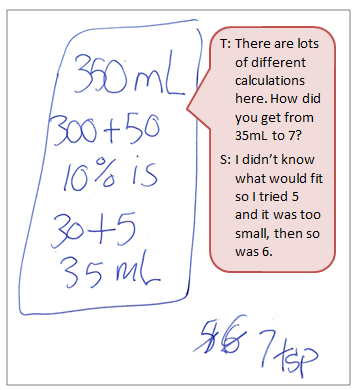 Child's writing of a math equation measuring 35ml of sugar within a 350ml drink. It is accompanied by a text box depicting the conversation between student and teacher.