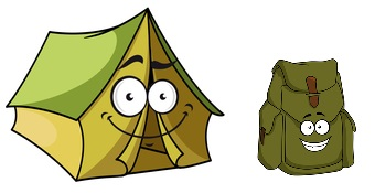 A green and mustard colored tent with a green backpack next to it. Both have smiley faces on them.