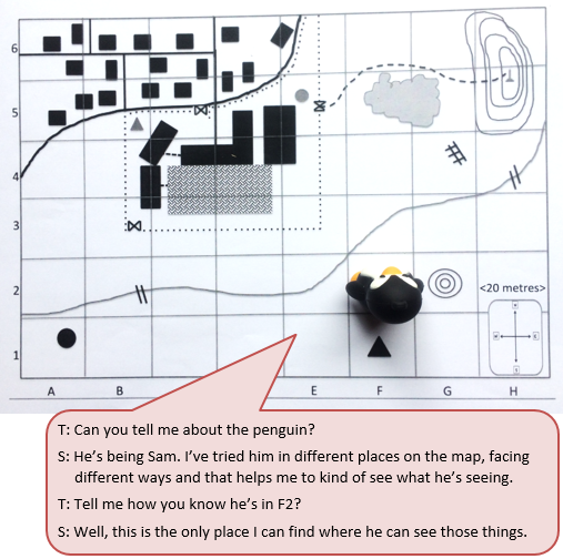 A map accompanied by a text box depicting the conversation between student and teacher.