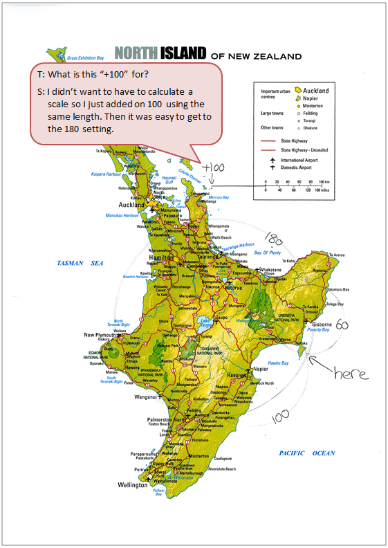 Map of the north island of New Zealand accompanied by a text box depicting the conversation between student and teacher.