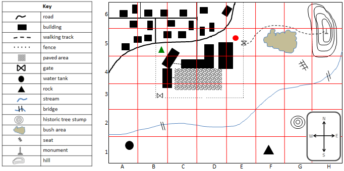 A map with a key symbol table outlining all elements shown on the map.