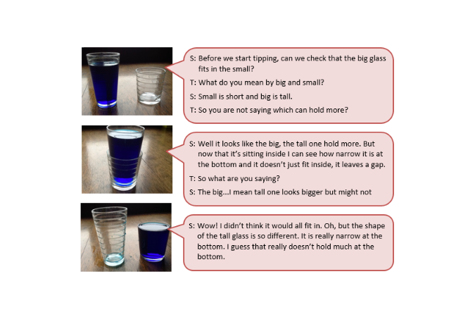 Three photos comparing the liquid capacity of cups with a different height and size accompanied by a text box depicting the conversation between student and teacher.