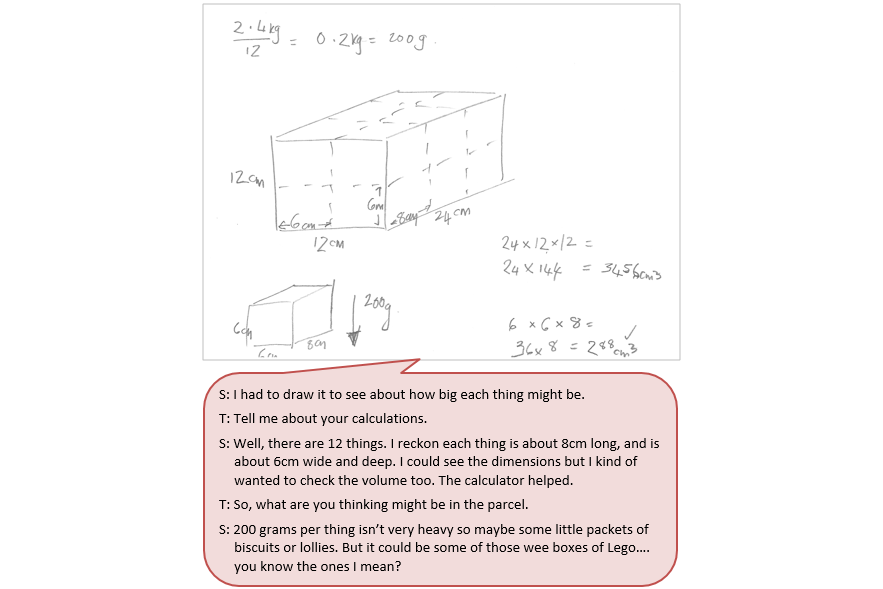 A sketch of a diagram of a box showing workings for its mass and volume.