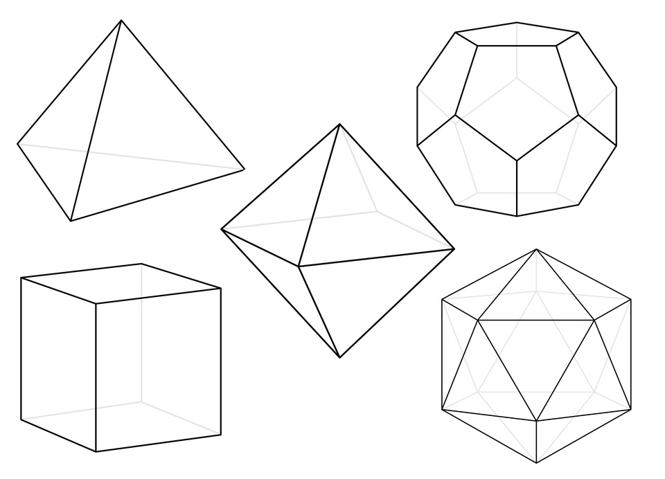 Five wireframe drawings of Platonic solids.