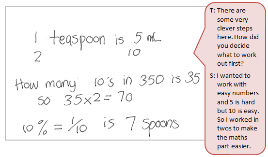 Child's writing, figuring out that there is 7 teaspoons of sugar in a drink. It is accompanied by a text box depicting the conversation between student and teacher.