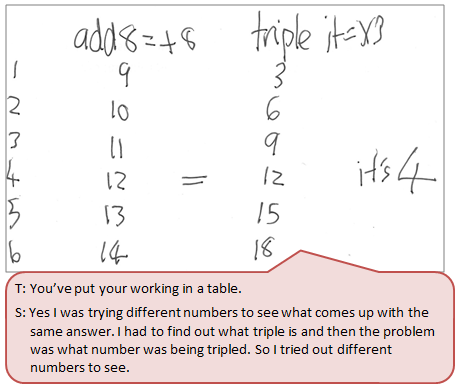 A child's written number chart accompanied by a text box depicting the conversation between student and teacher.