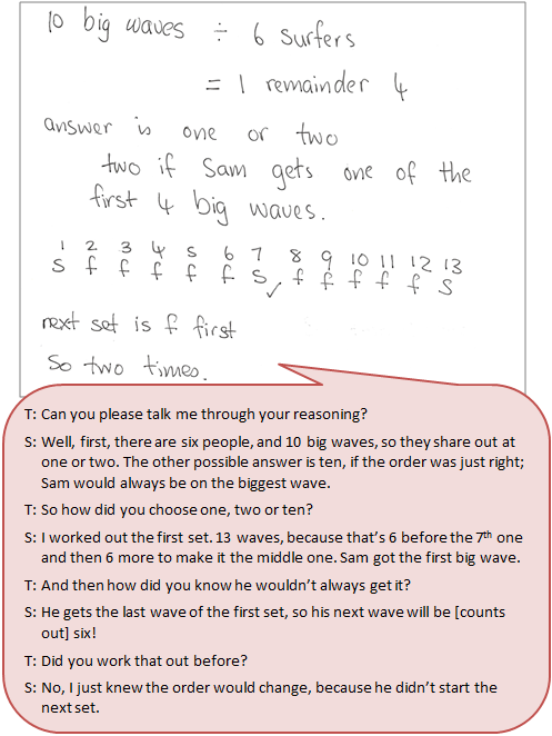 A table representation matching wave numbers to surfers accompanied by a text box depicting the conversation between student and teacher.