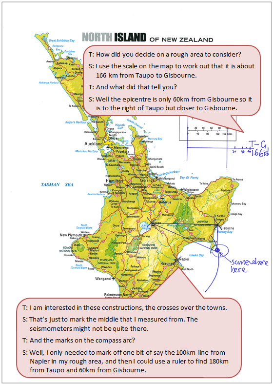 Map of the north island of New Zealand accompanied by a text box depicting the conversation between student and teacher.