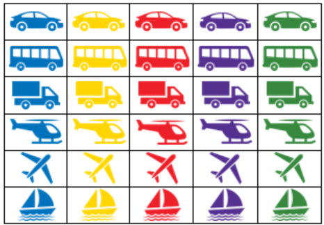 A grid showing some different forms of transport: cars, buses, trucks, helicopters, planes and sailboats.