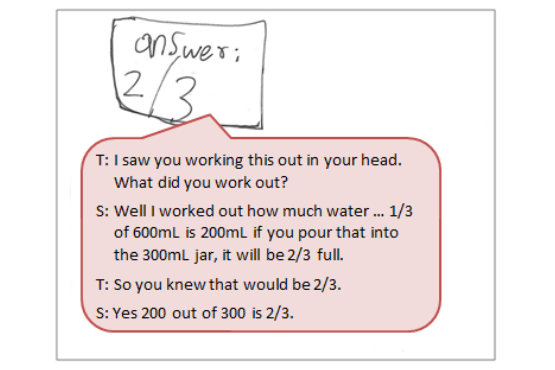 Student's answer of "2/3" accompanied by a text box depicting the conversation between student and teacher.