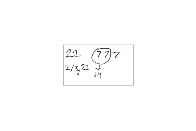 An illustration of numbers showing 21 is broken up into three 7s and two 7s is equal to 2/3 or 14.