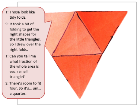 A student's physical model of a small and a larger blue triangle accompanied by a text box depicting the conversation between student and teacher.