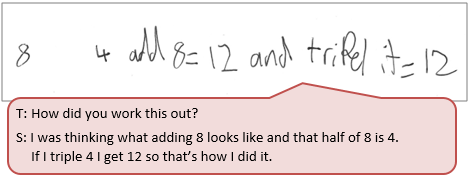 Child's handwritten math equation accompanied by a text box depicting the conversation between student and teacher.