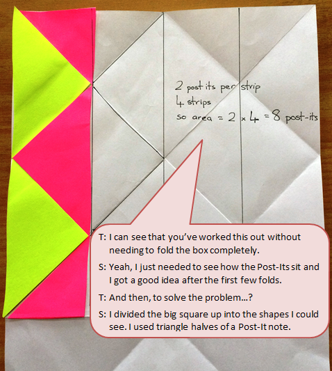 Showing how to divide the square into strips. Accompanied by a handwritten set of direction instructions accompanied by a text box depicting the conversation between student and teacher.