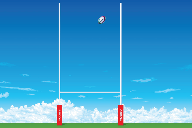 A rugby ball flies through the rugby goal posts.